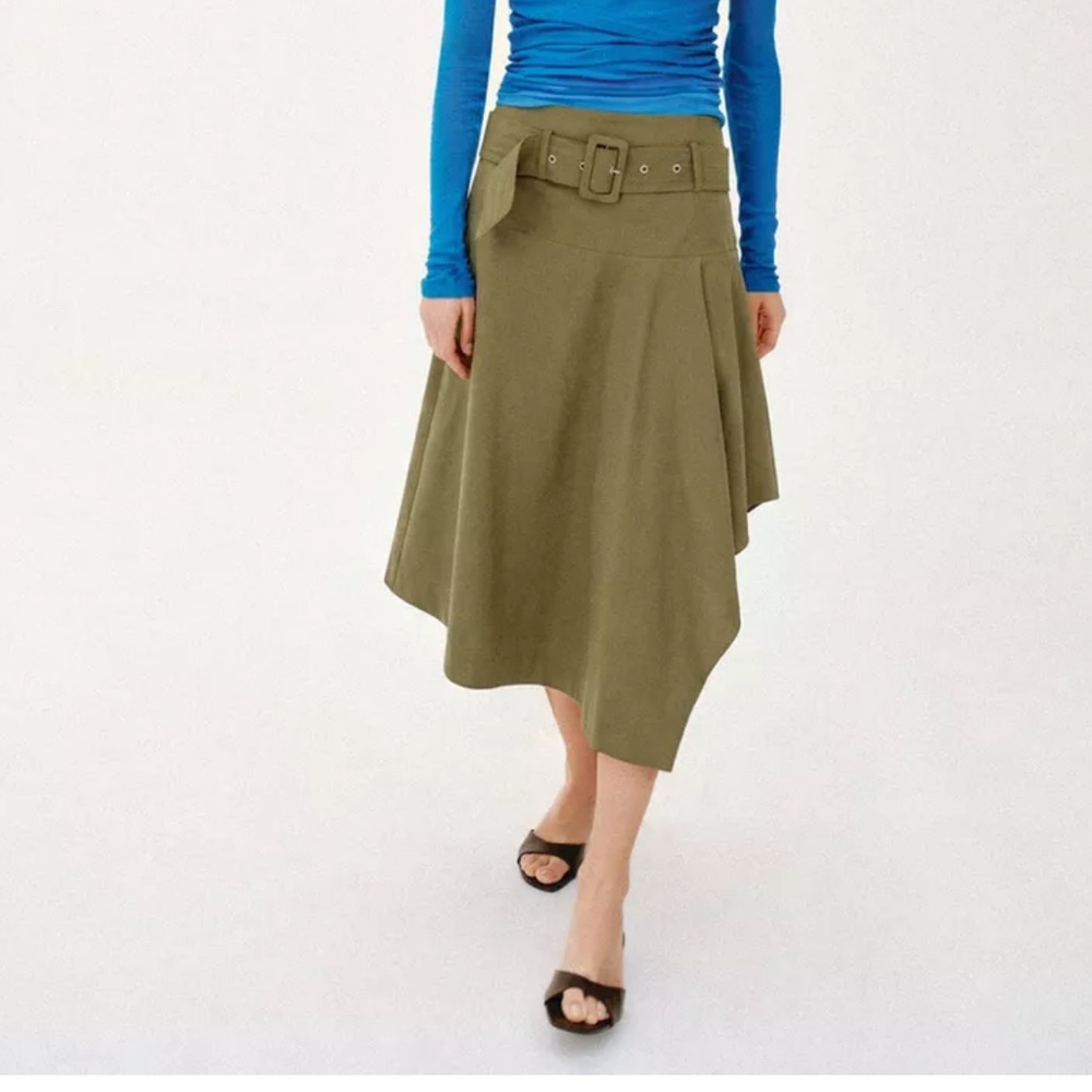 ZARA Belted Midi Skirt Khaki Olive Green Asymmetric Hem Wide Buckle Womens XL